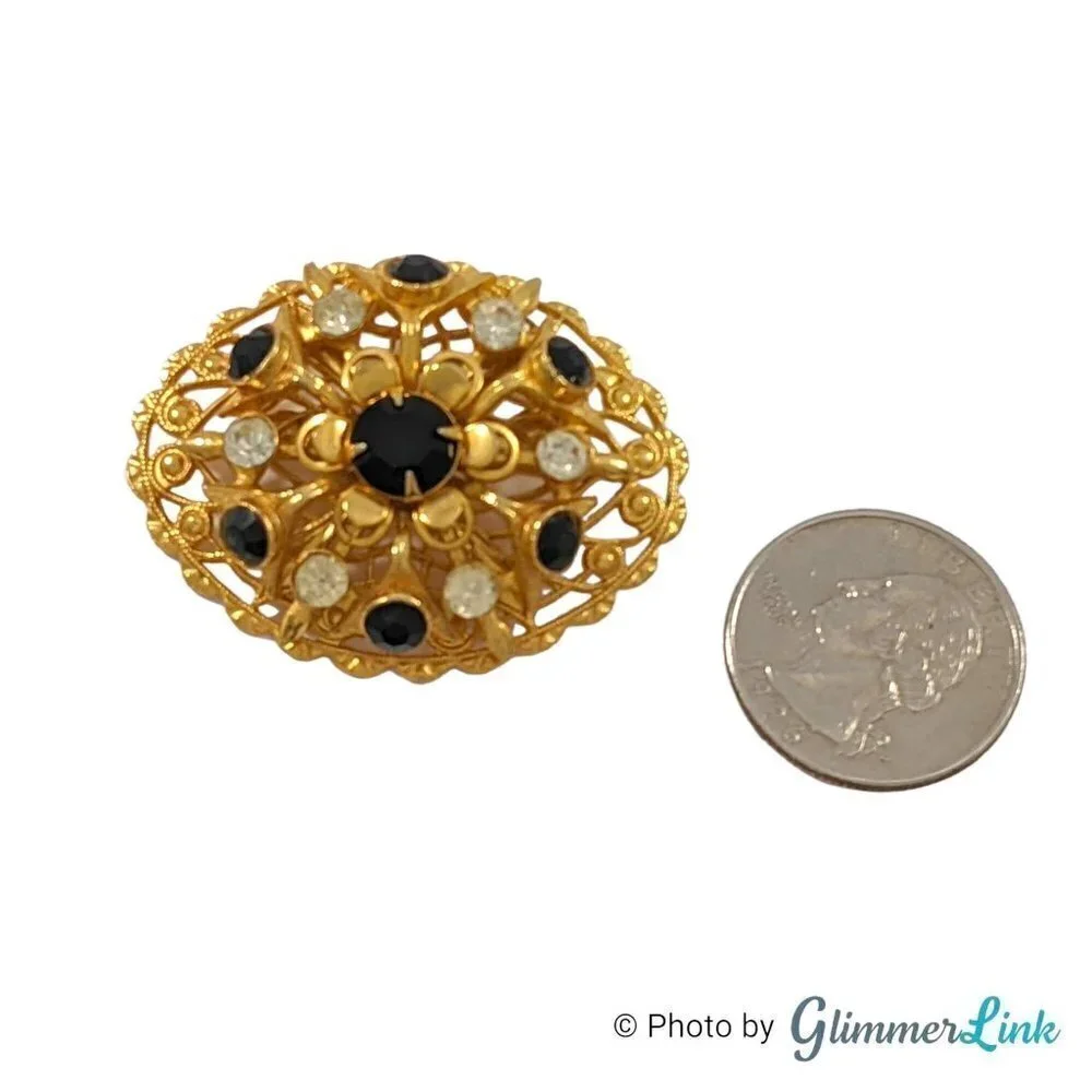 Vintage Oval Ornate Filigree Black Rhinestone Gold Tone Brooch Pin